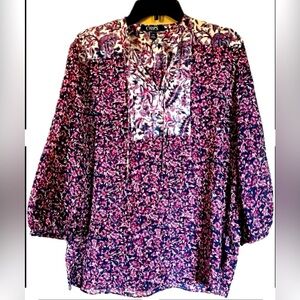 Chaps Blouse with Puff Sleeves and Mandarin Collar. Women’s size Large